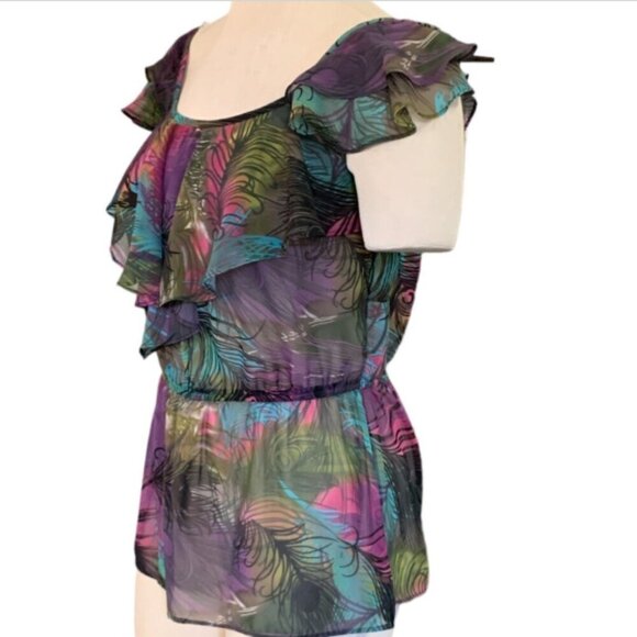 Bisou Bisou Sleeveless Sheer Ruffle Top Peacock Print Sz XS #138J - Picture 3 of 7